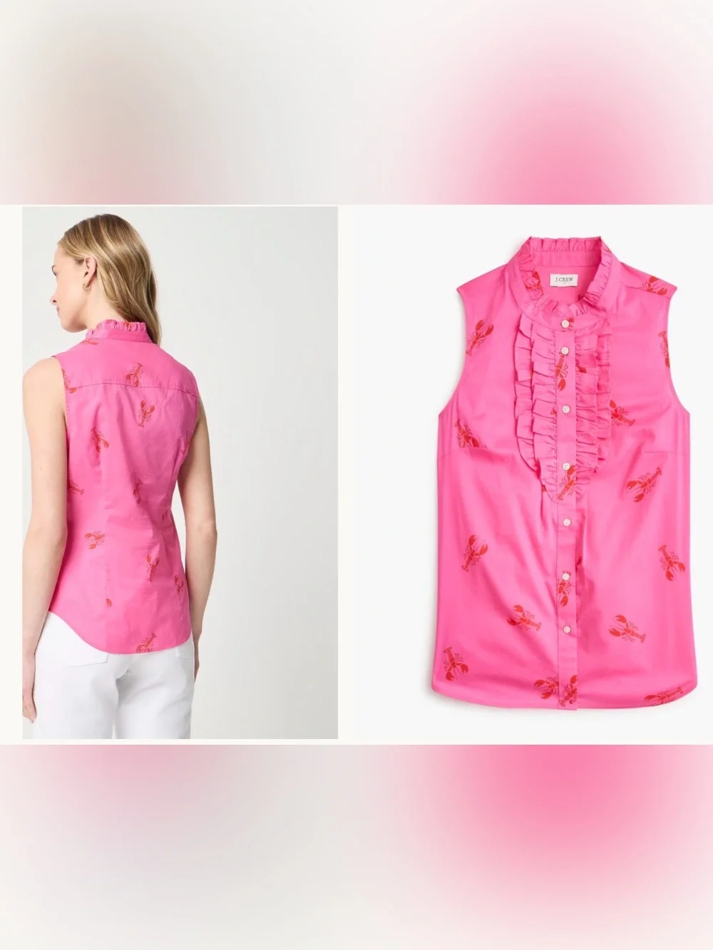 J.Crew Factory Pink Lobster Print Ruffle Front Button Down Tank Top XXL